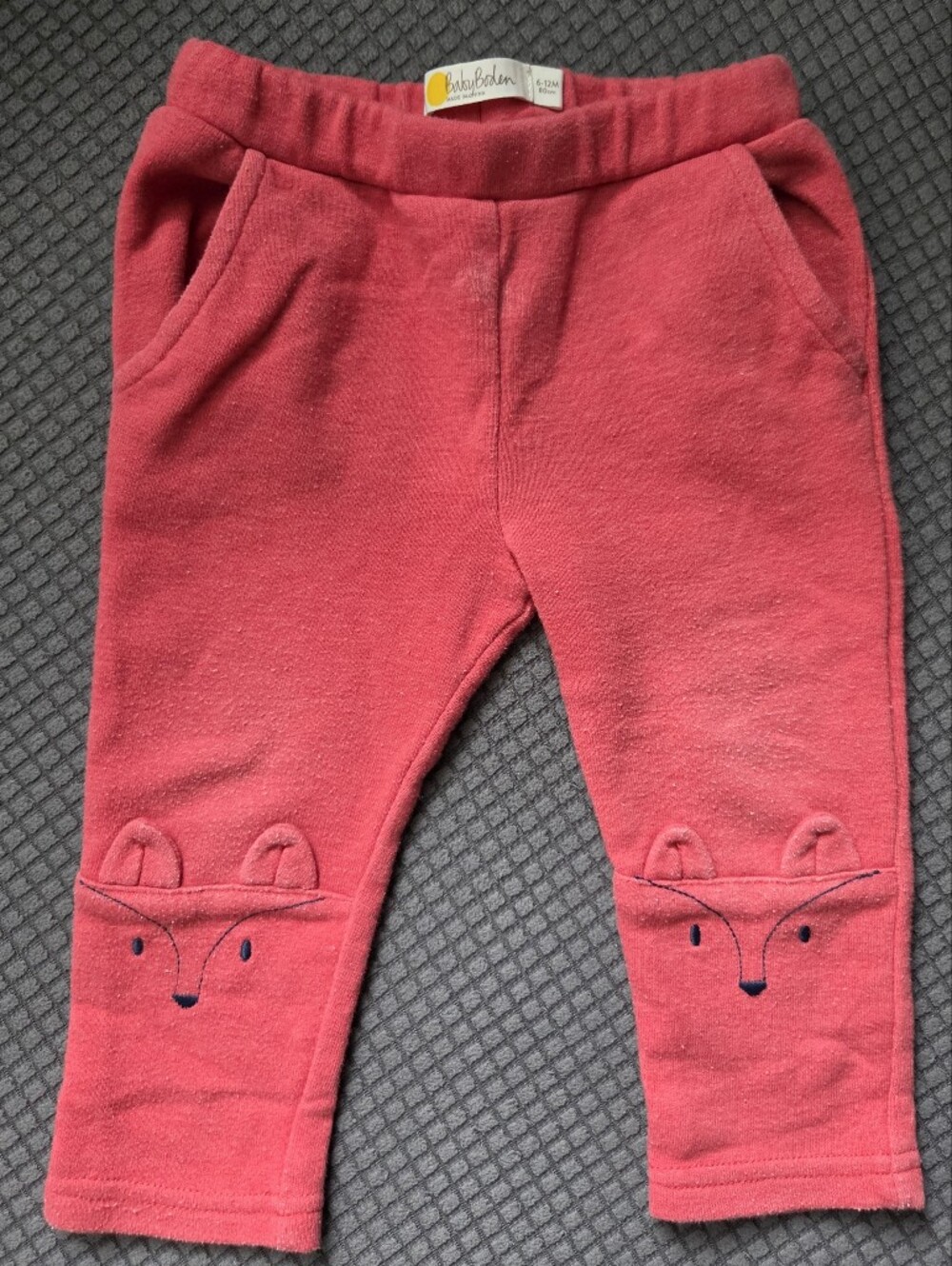 Baby Boden Red Fleece Joggers with Fox Face Knees